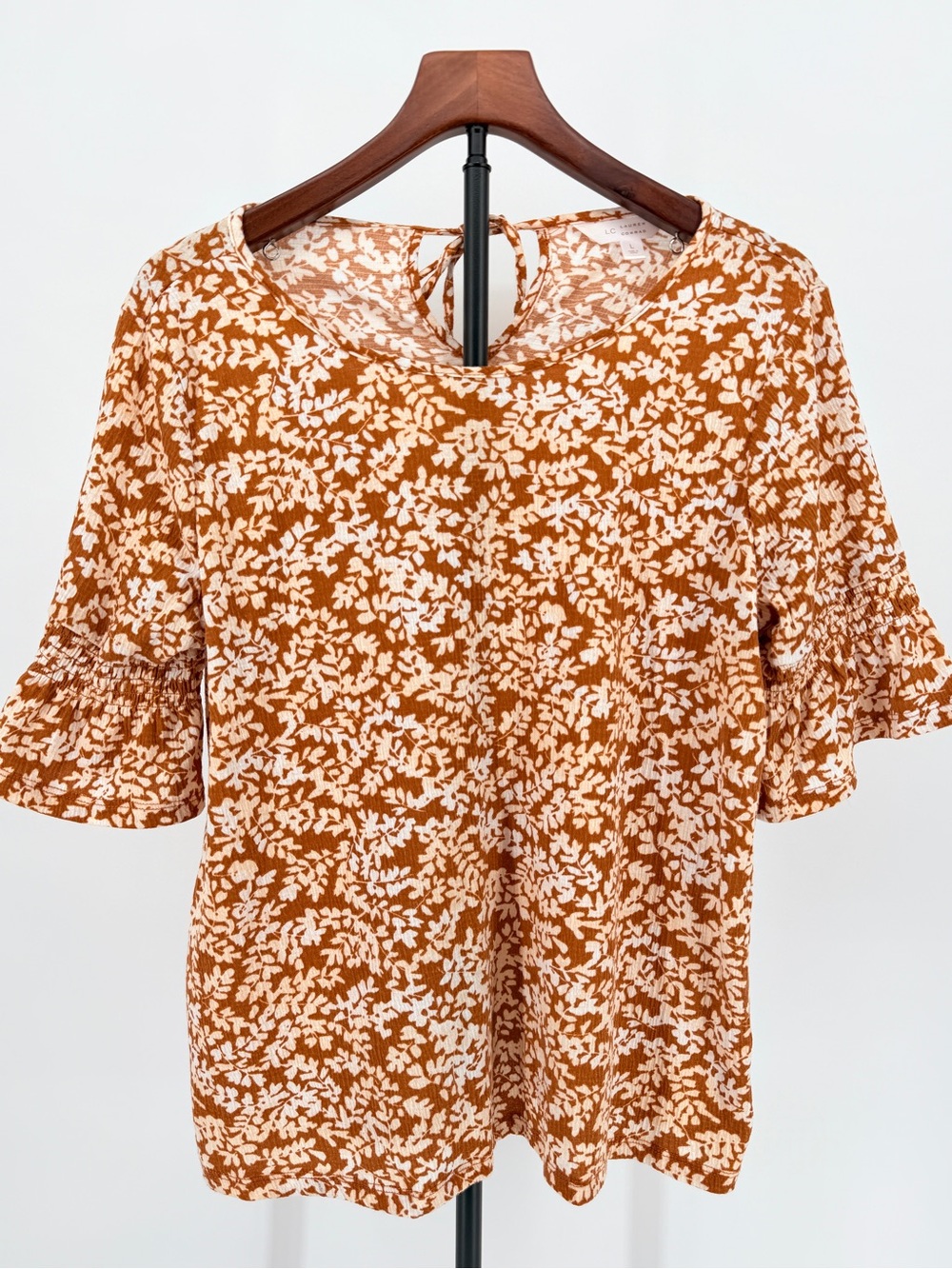 Rust Floral Ruffle Flutter Sleeve Top women large whimsy boho indie soft cottage